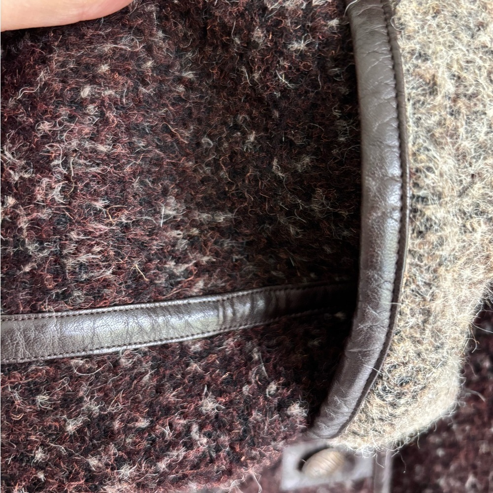 Vintage Made In Japan Women's Brown Wool Leather Trim Coat L - Picture 6 of 9